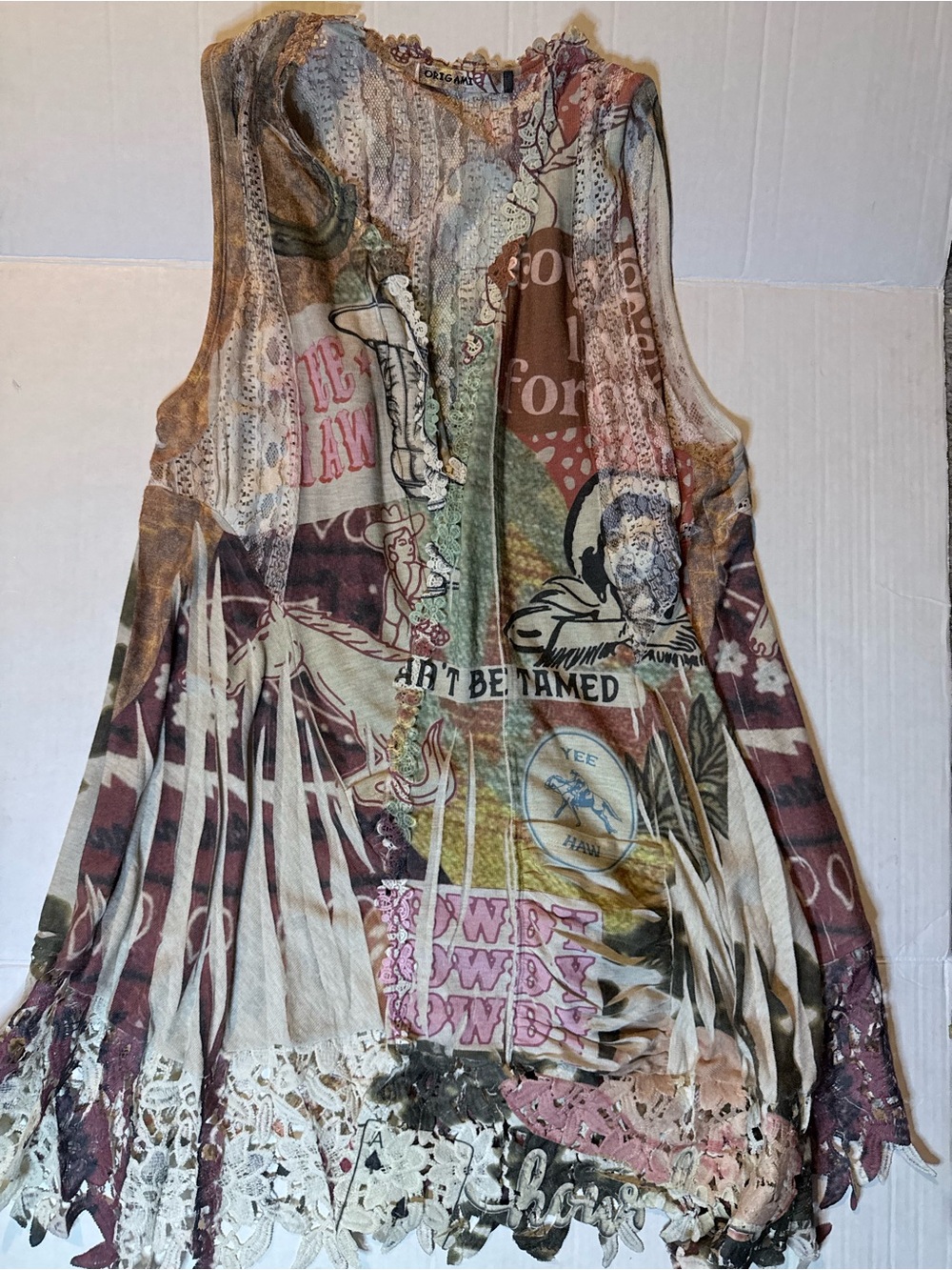 Mixed Print Sleeveless Fringe Lace Hem Top - Multi